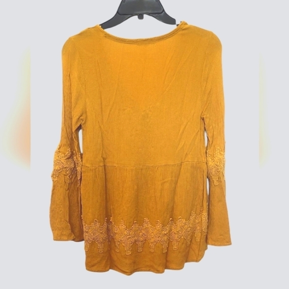 Taylor & Sage Mustard Yellow Embroidery Lace Detail Bell Sleeve Boho Blouse - Picture 2 of 7